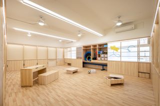 spacious classroom with storage in the walls