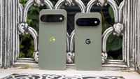 The back of the olive green Google Pixel 11 Pro and Pixel 11 Pro XL next to each other
