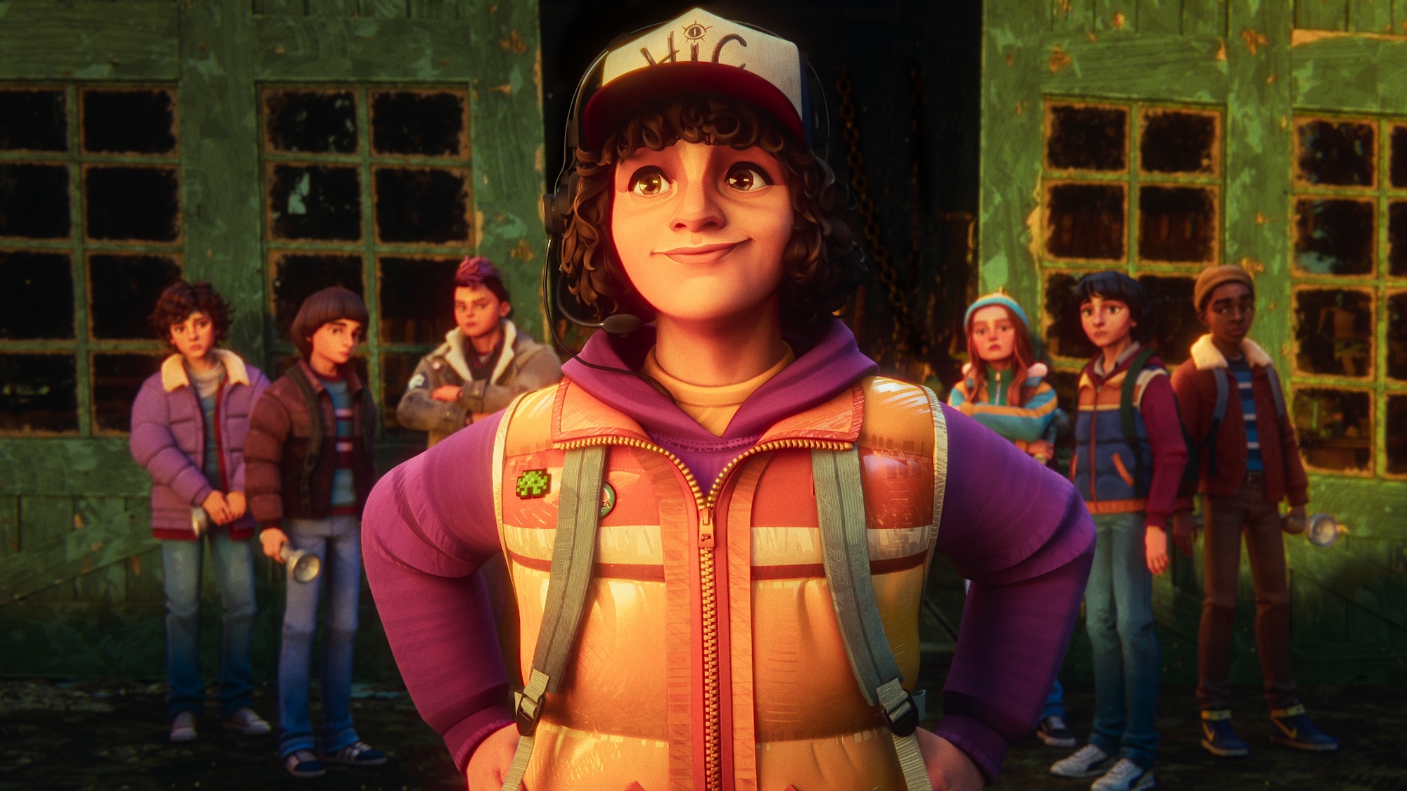 Dustin standing proudly in front of the rest of the group in Stranger Things: Tales From '85: Season 2