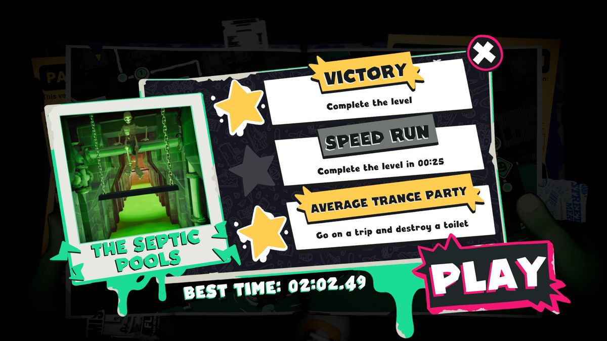 The Septic Pools level screen with speed run and "Average Trance Party" objectives