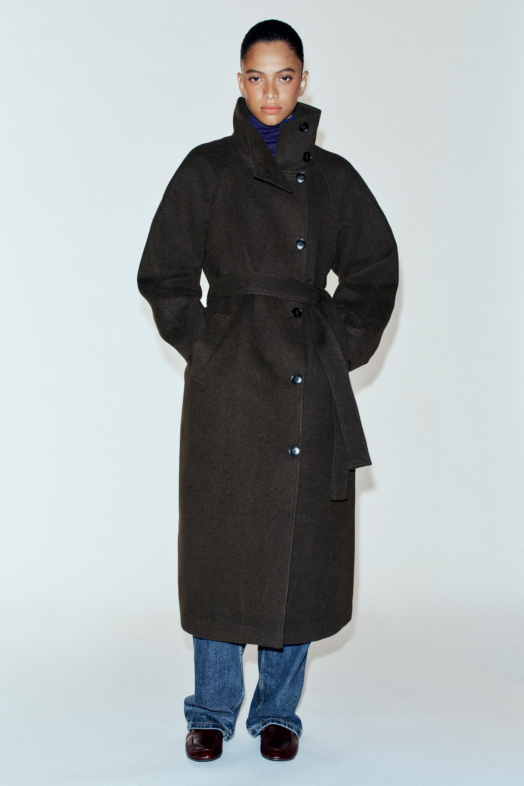 ZARA High-Neck Belted Coat - Brown - Xs