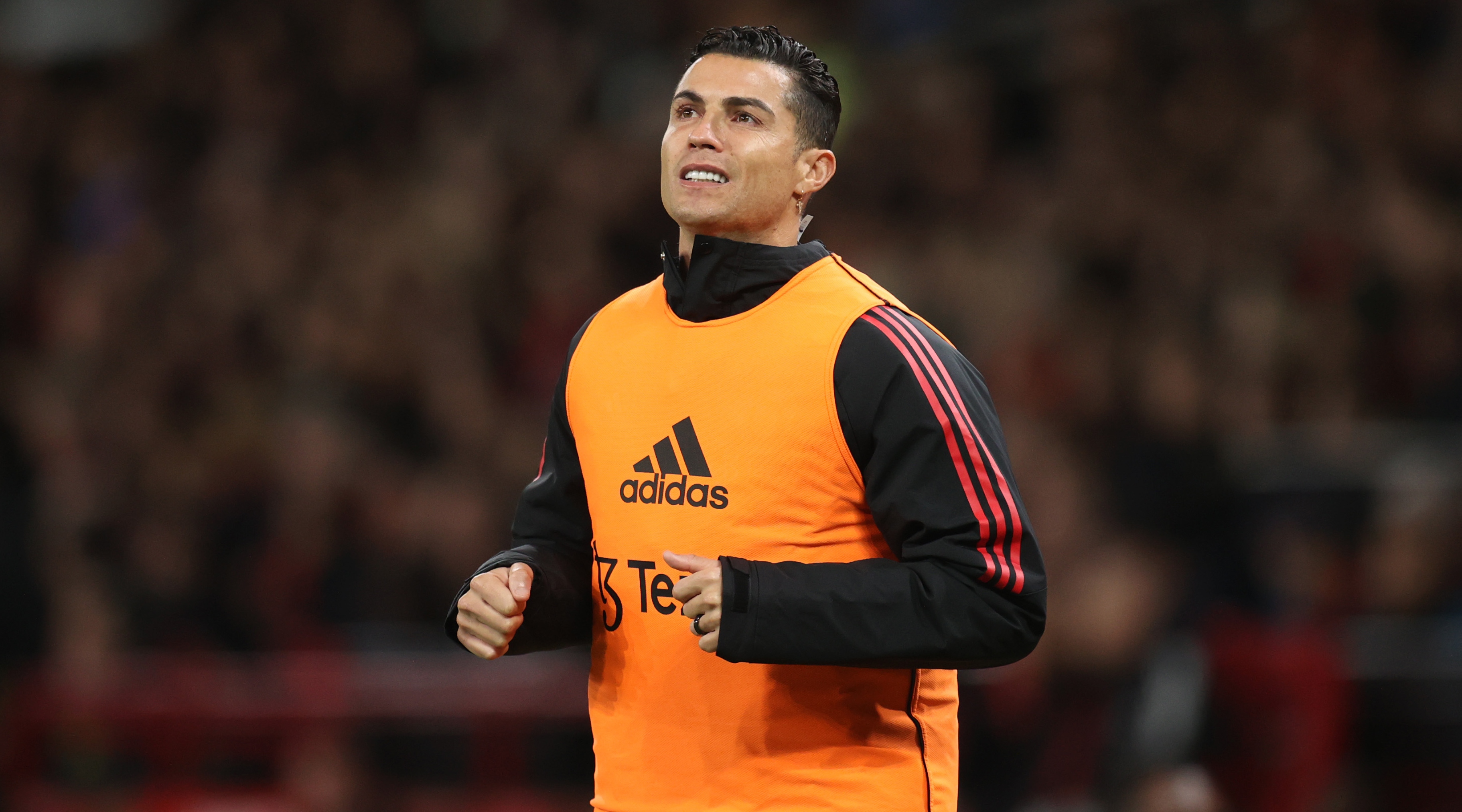 Manchester United striker Cristiano Ronaldo warms up during the Premier League match between Manchester United and Tottenham Hotspur on 19 October, 2022 at Old Trafford, Manchester, United Kingdom