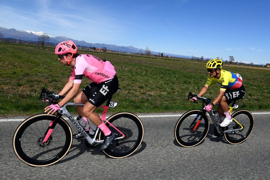 ORBASSANO ITALY MARCH 15 LR James Shaw of The United Kingdom and Richard Carapaz of Ecuador and Team EF EducationEasyPost compete during the 104th MilanoTorino 2023 a 192km one day race from Rho to Orbassano MilanoTorino on March 15 2023 in Orbassano Italy Photo by Tim de WaeleGetty Images
