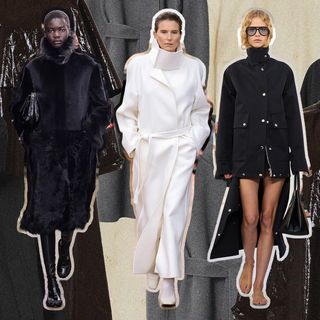 A collage showcasing looks from the F/W 24 and S/S 25 runways that feature funnel-neck coats, jackets, and tops by Proenza Schouler, Bevza, and Brandon Maxwell.