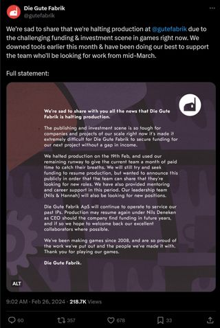 We’re sad to share that we're halting production at @gutefabrik due to the challenging funding & investment scene in games right now. We downed tools earlier this month & have been doing our best to support the team who'll be looking for work from mid-March. Full statement: