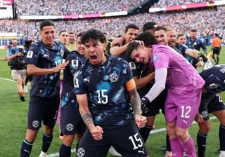 FOXBOROUGH, MASSACHUSETTS - JUNE 29: Gustavo Gomez #15 of Paraguay celebrates with teammates after Jose Canale #13 scores the winning penalty in a penalty shootout during the FIFA World Cup 2026 Round Of 32 match between Germany and Paraguay at Boston Stadium on June 29, 2026 in Foxborough, Massachusetts. (Photo by Alexander Hassenstein/Getty Images)