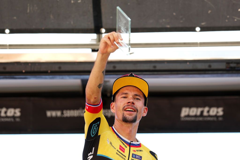 VILLARCAYO SPAIN AUGUST 17 Primo Roglic of Slovenia and Team JumboVisma celebrates at podium as stage winner during the 45th Vuelta a Burgos 2023 Stage 3 a 183km stage from Sargentes de la Lora to Villarcayo on August 17 2023 in Villarcayo Spain Photo by Gonzalo Arroyo MorenoGetty Images