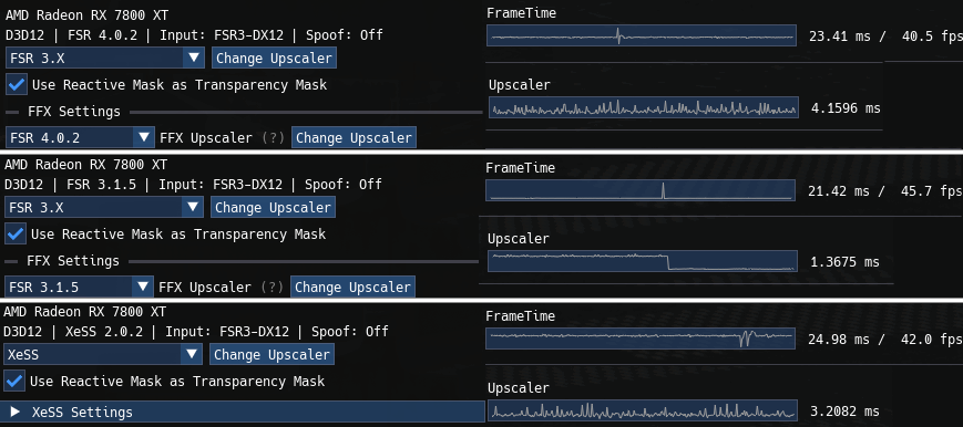 Three OptiScaler overlay screenshots showing the performance difference in various upscalers on a Radeon RX 7800 XT.