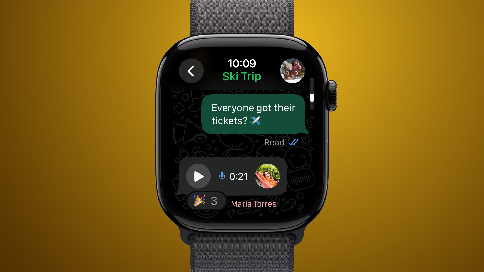 WhatsApp for Apple Watch on a gold coloured background
