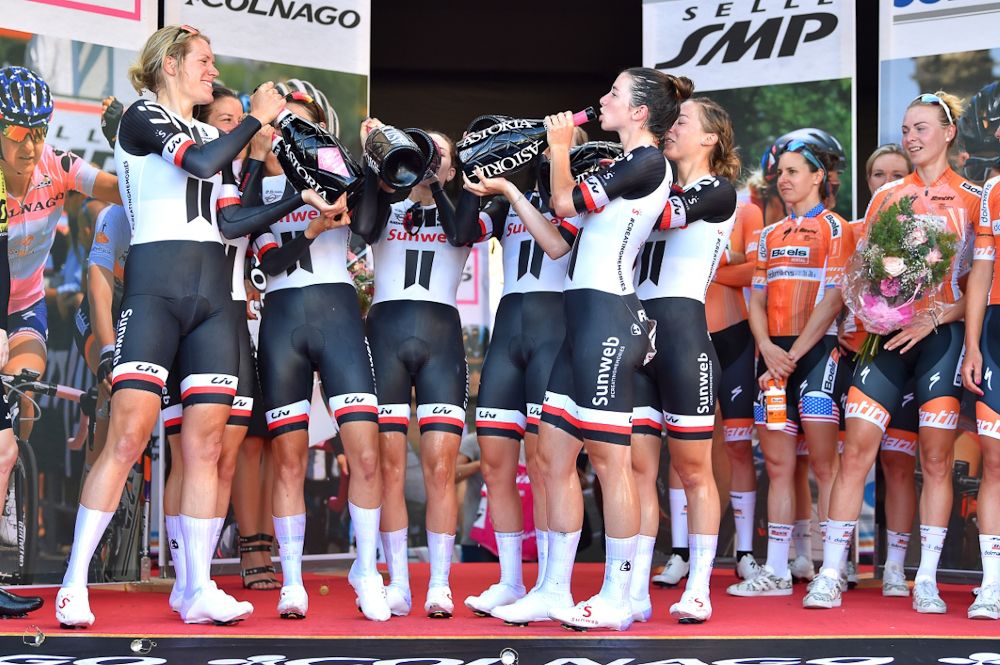 Team Sunweb riders celebrate on the podium after stage 1 at Giro Rosa