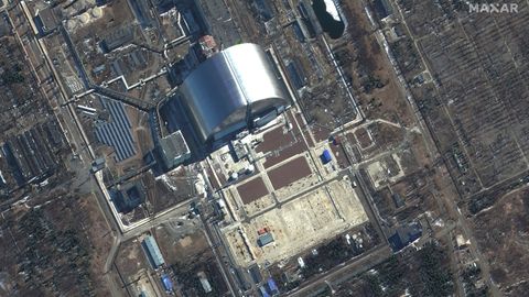 Maxar satellite imagery shows the Chernobyl Nuclear Power Plant in Ukraine, where workers are being held hostage by Russian forces, on March 10, 2022. 