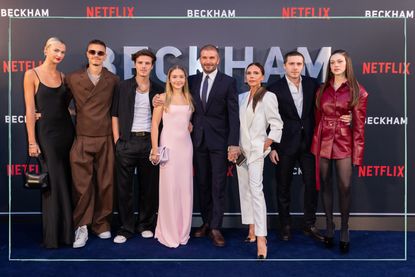 How many kids do David and Victoria Beckham have, as illustrated by a picture of Mia Regan, Romeo Beckham, Cruz Beckham, Harper Beckham, David Beckham, Victoria Beckham, Brooklyn Peltz Beckham and Nicola Peltz Beckham