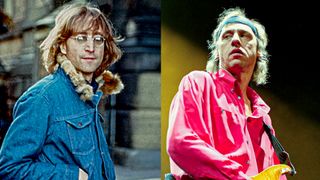 LEFT: John Lennon poses for a photo in 1977 in New York City RIGHT: Mark Knopfler of Dire Staits performs at Oakland Coliseum Arena on February 2, 1992 in Oakland, California