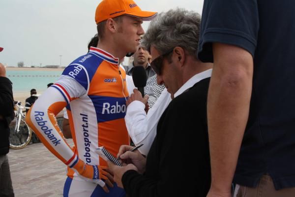 Lars Boom (Rabobank) talks to the press after the stage.