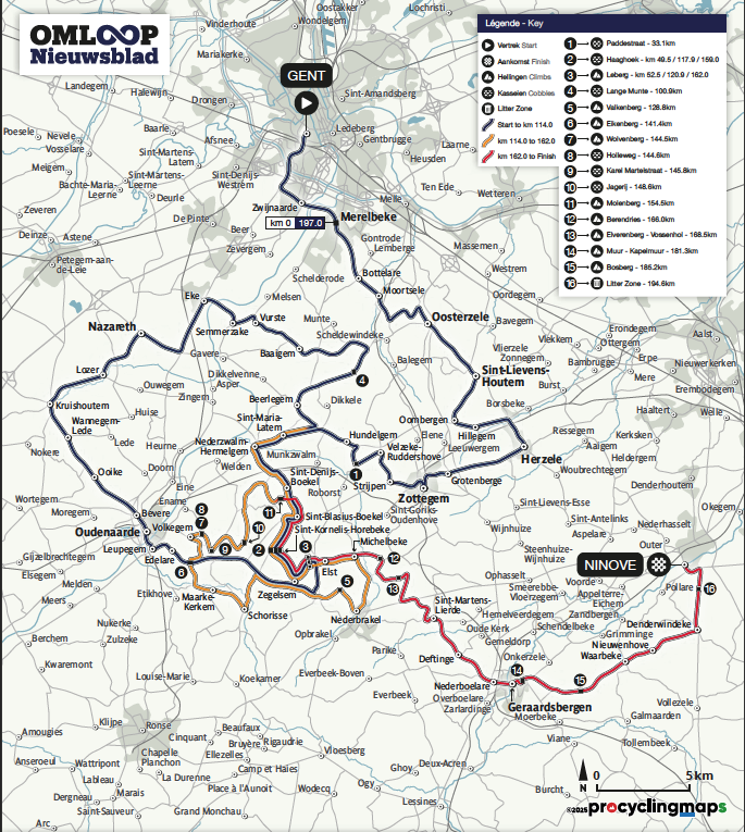 Route information for the 2025 Omloop Het Nieuwsblad