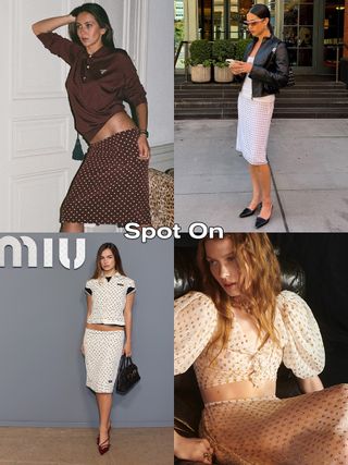 A collage of four polka dot skirt images with the words "Spot On" in the center.