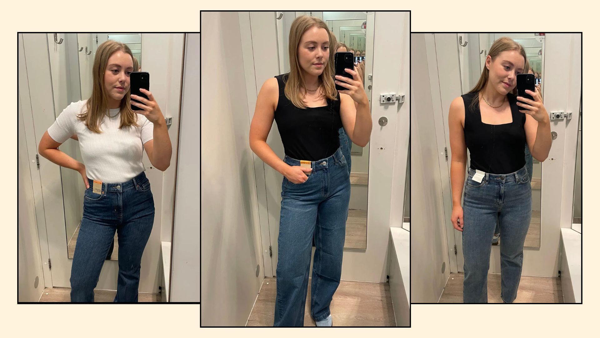 Woman wears three pairs of M&S jeans