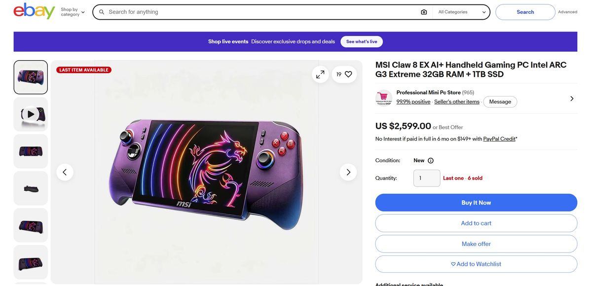 Listings on eBay for auctions of the MSI Claw 8 AI EX+ handheld gaming PC.