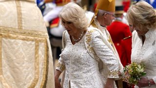 Queen Camilla arrives at the Coronation of her and King Charles III