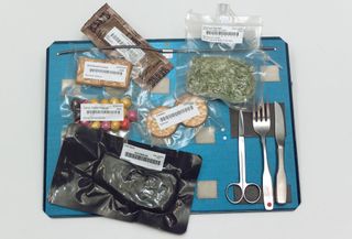 Vacuum-sealed food items sit on a tray with a small pair of scissors, a fork and a knife.