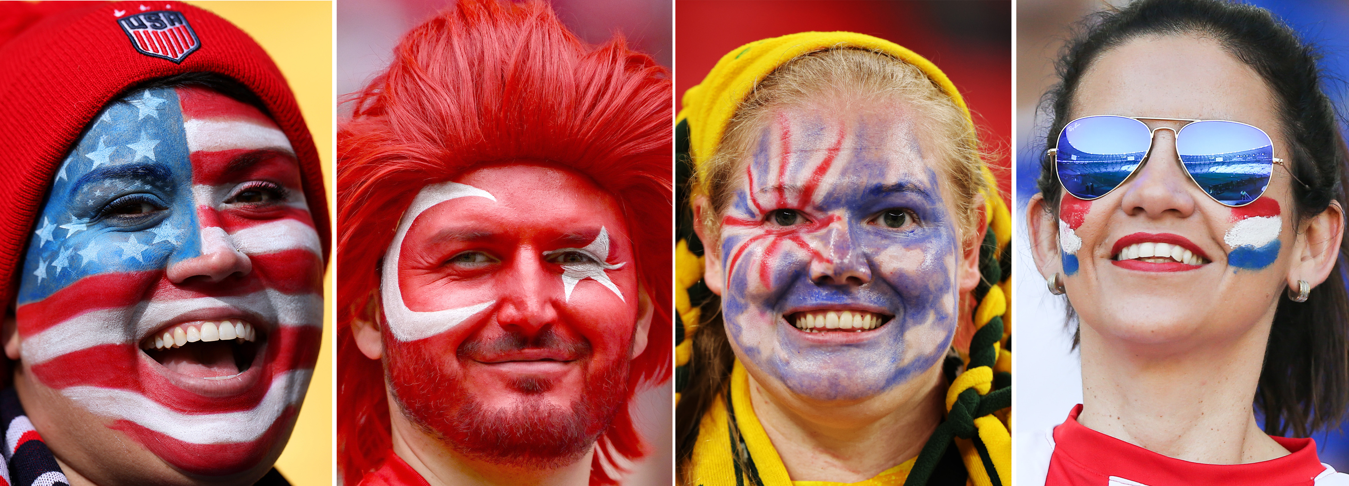 This composite image shows a fan of each of the 4 national teams of USA, Paraguay, Australia, Turkey taking part in Group D of the 2026 World Cup in USA, Mexico and Canada. (Photo by Getty Images)