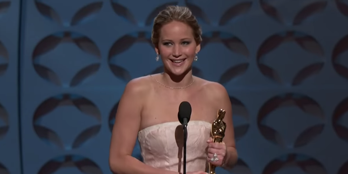 Jennifer Lawrence accepting her Oscar, Silver Linings Playbook 2013