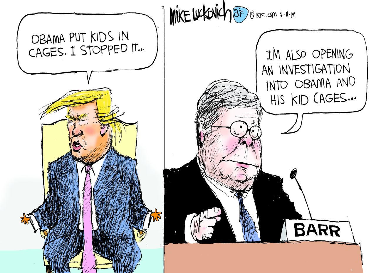 Political Cartoon U.S. Trump William Barr Obama kids cages