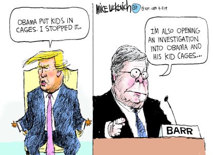 Political Cartoon U.S. Trump William Barr Obama kids cages
