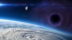 a large black orb can be seen in space between earth and the moon