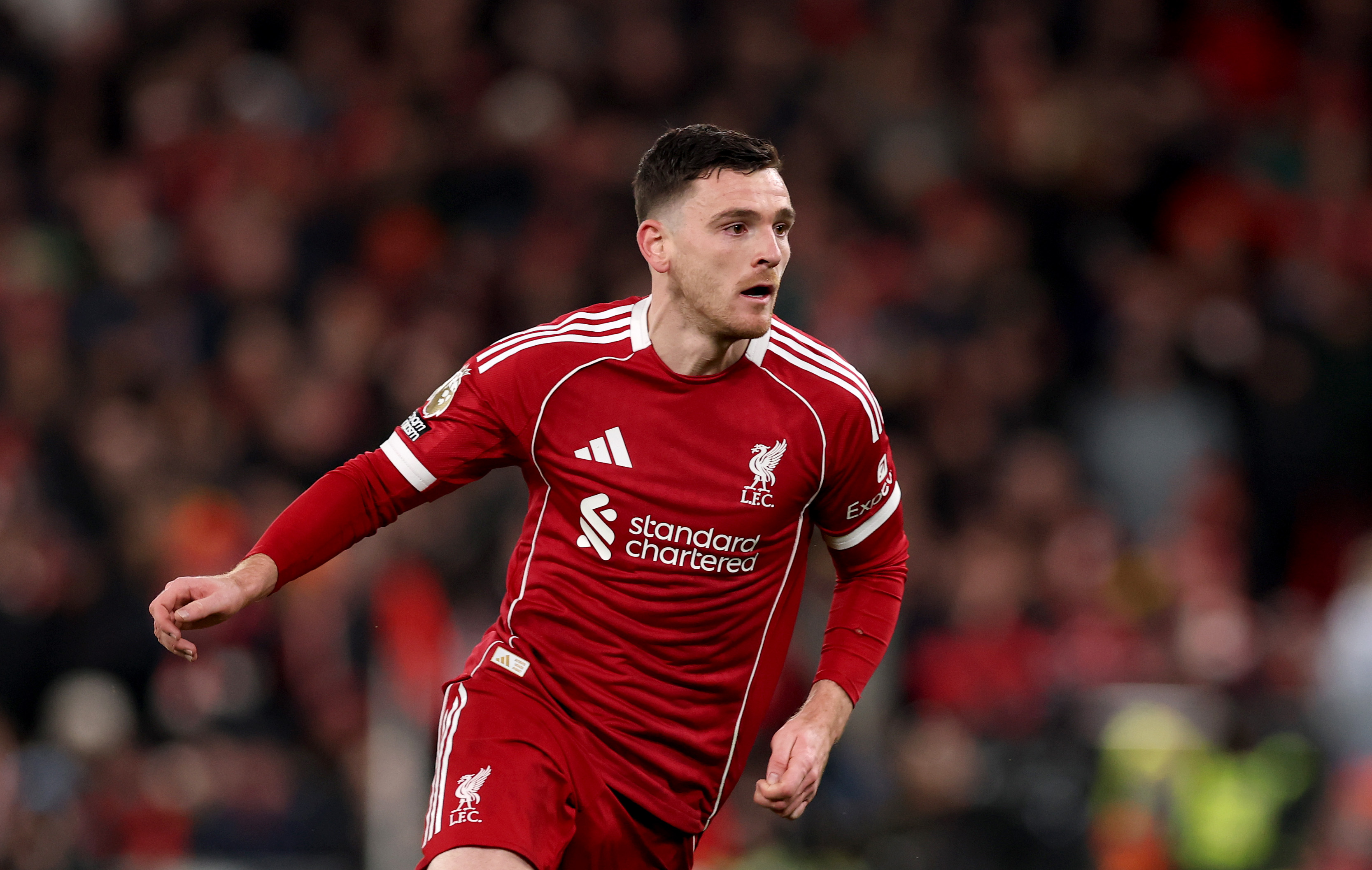 LIVERPOOL, ENGLAND - JANUARY 01: Andrew Robertson of Liverpool during the Premier League match between Liverpool and Leeds United at Anfield on January 01, 2026 in Liverpool, England. (Photo by Carl Recine/Getty Images)