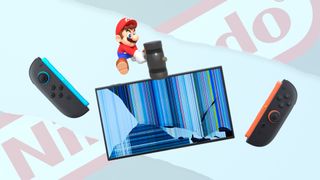 Graphical illustration of Nintendo character Mario hitting the Nintendo Switch 2 with a mallet and breaking it.