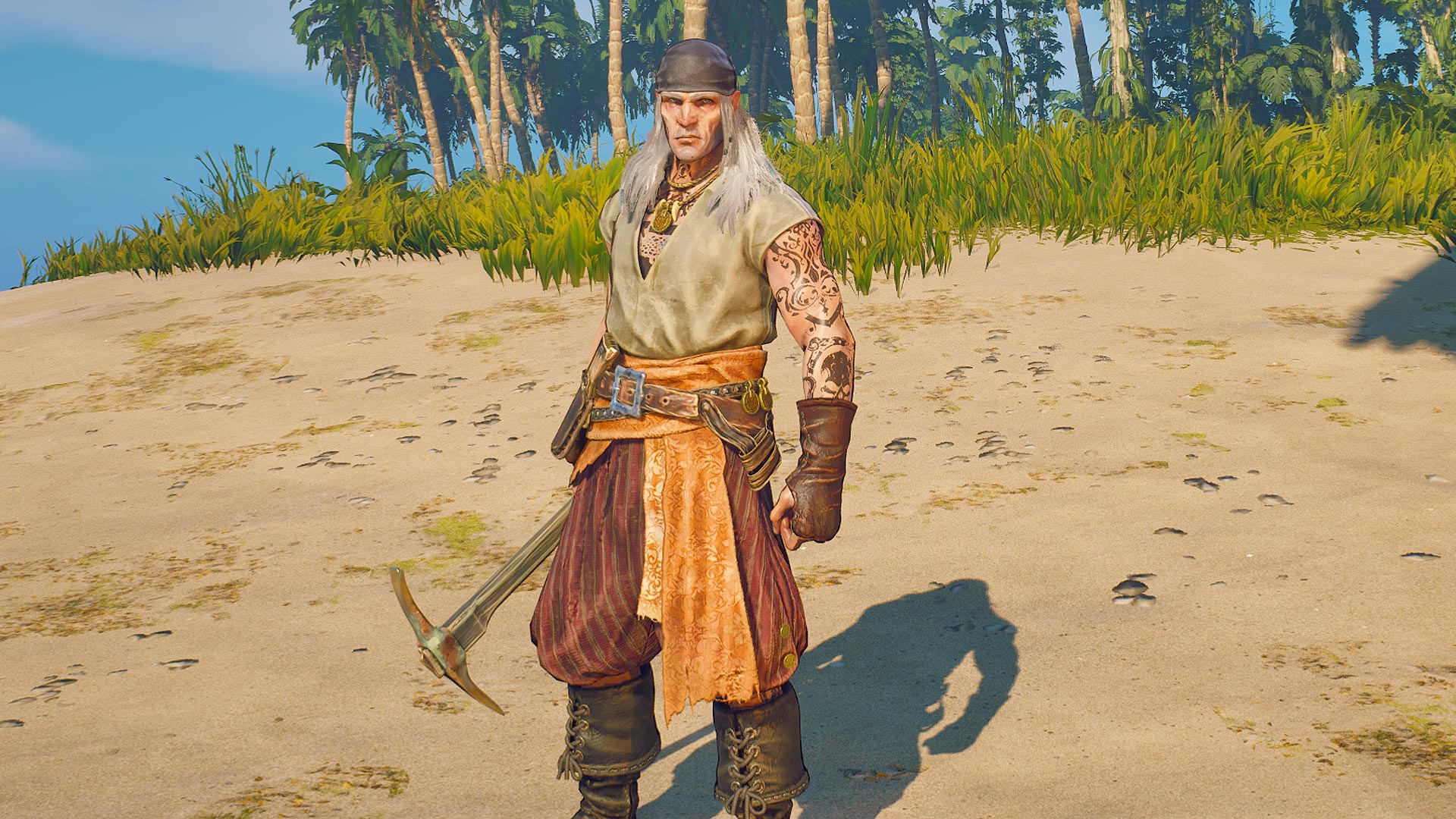 A pirate in Windrose standing on the beach and holding a pickaxe.