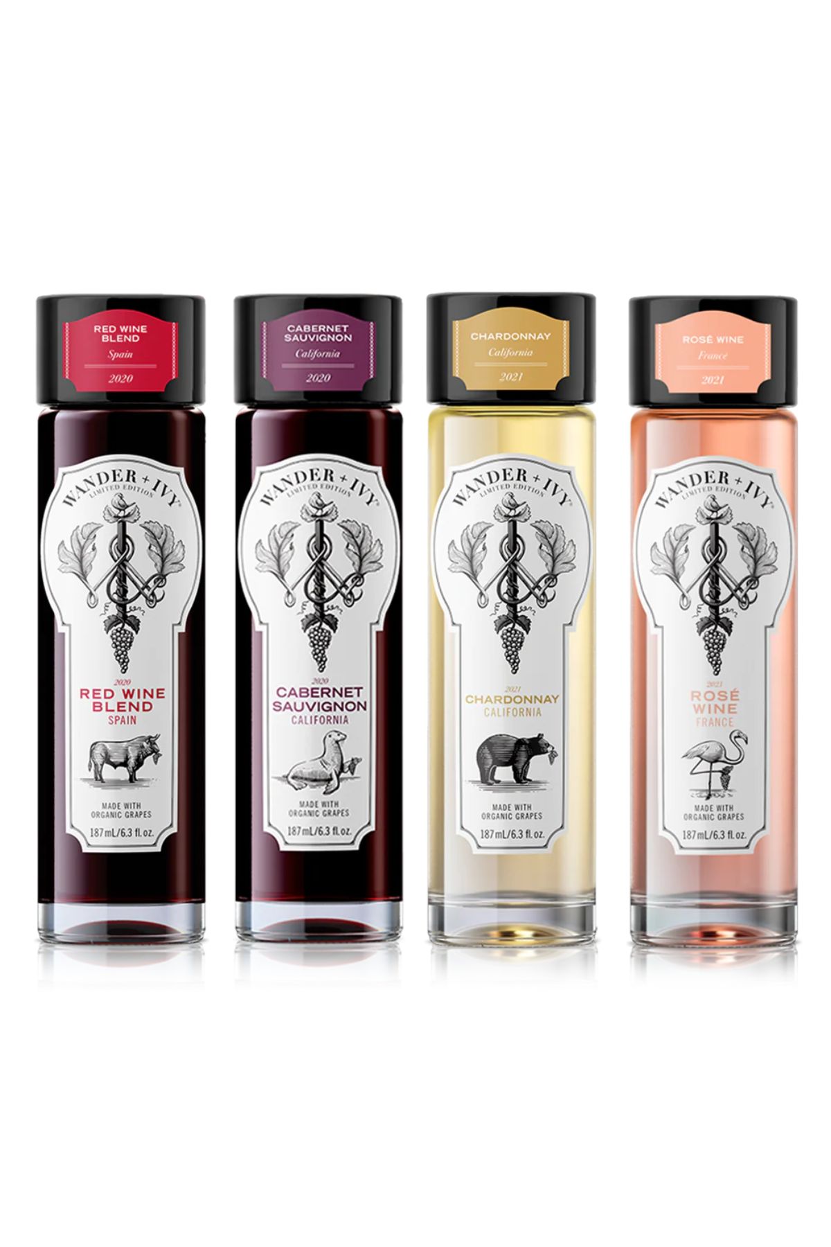 single-serve bottles of red, white, and rosé wine