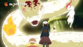 huge snake towers over anime character