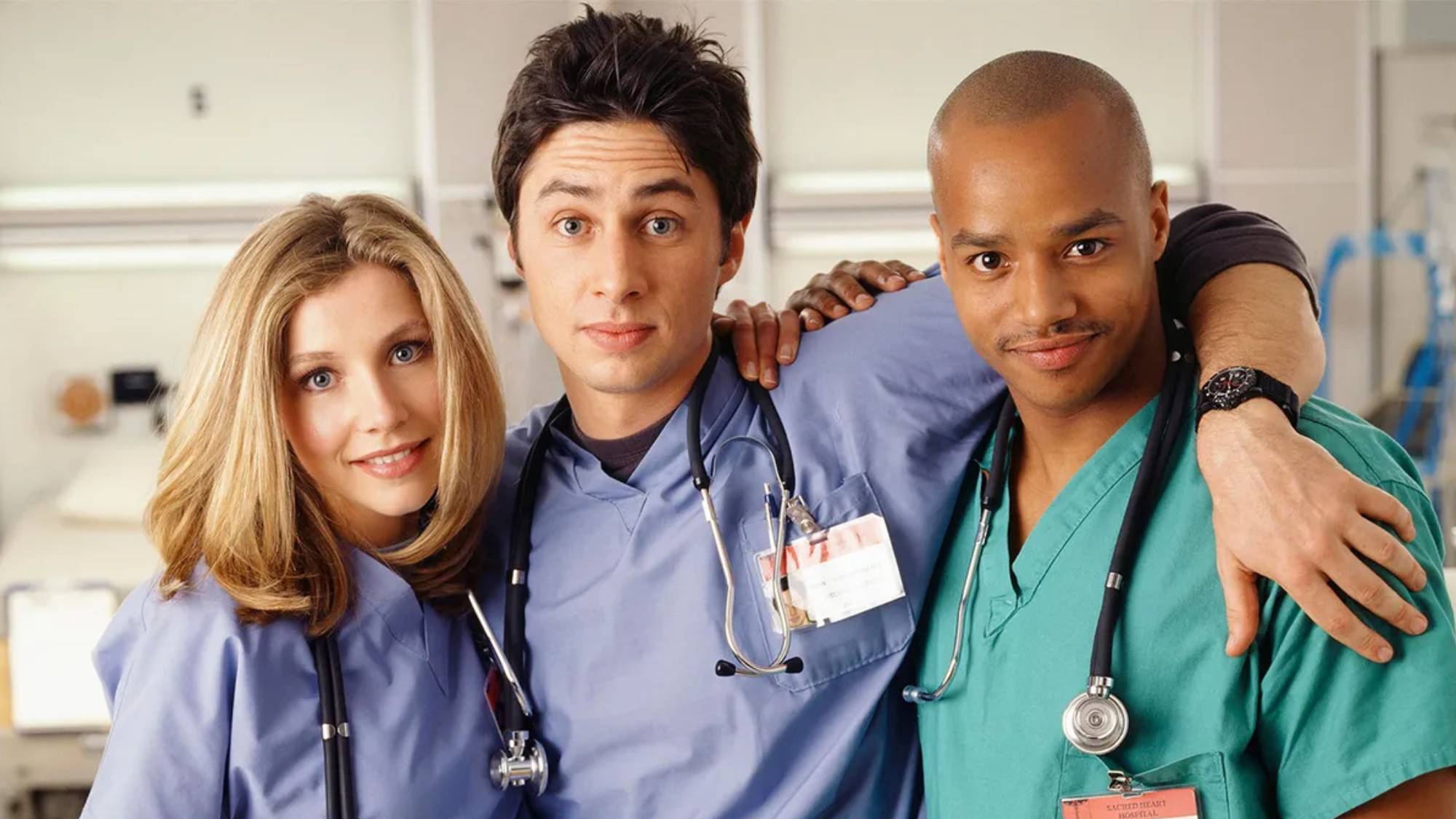 (L-R) Sarah Chalke as Elliot Reid, Zach Braff as John "J.D." Dorian and Donald Faison as Christopher Turk in "Scrubs"
