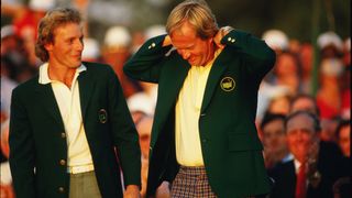 Jack Nicklaus tries on the Green Jacket after winning his last Major, the 1986 Masters