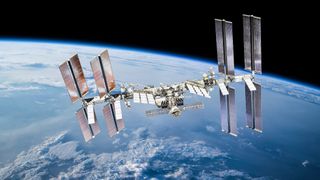 ISS station on orbit of the Earth planet. Elements of this image furnished by NASA - stock photo International space station with astronauts. Elements of this image furnished by NASA 