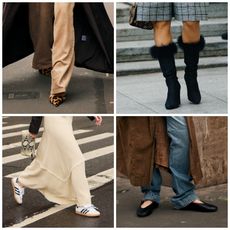 photo collage of fashion week attendees wearing winter shoe trends with white border