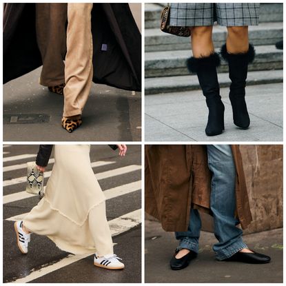 photo collage of fashion week attendees wearing winter shoe trends with white border