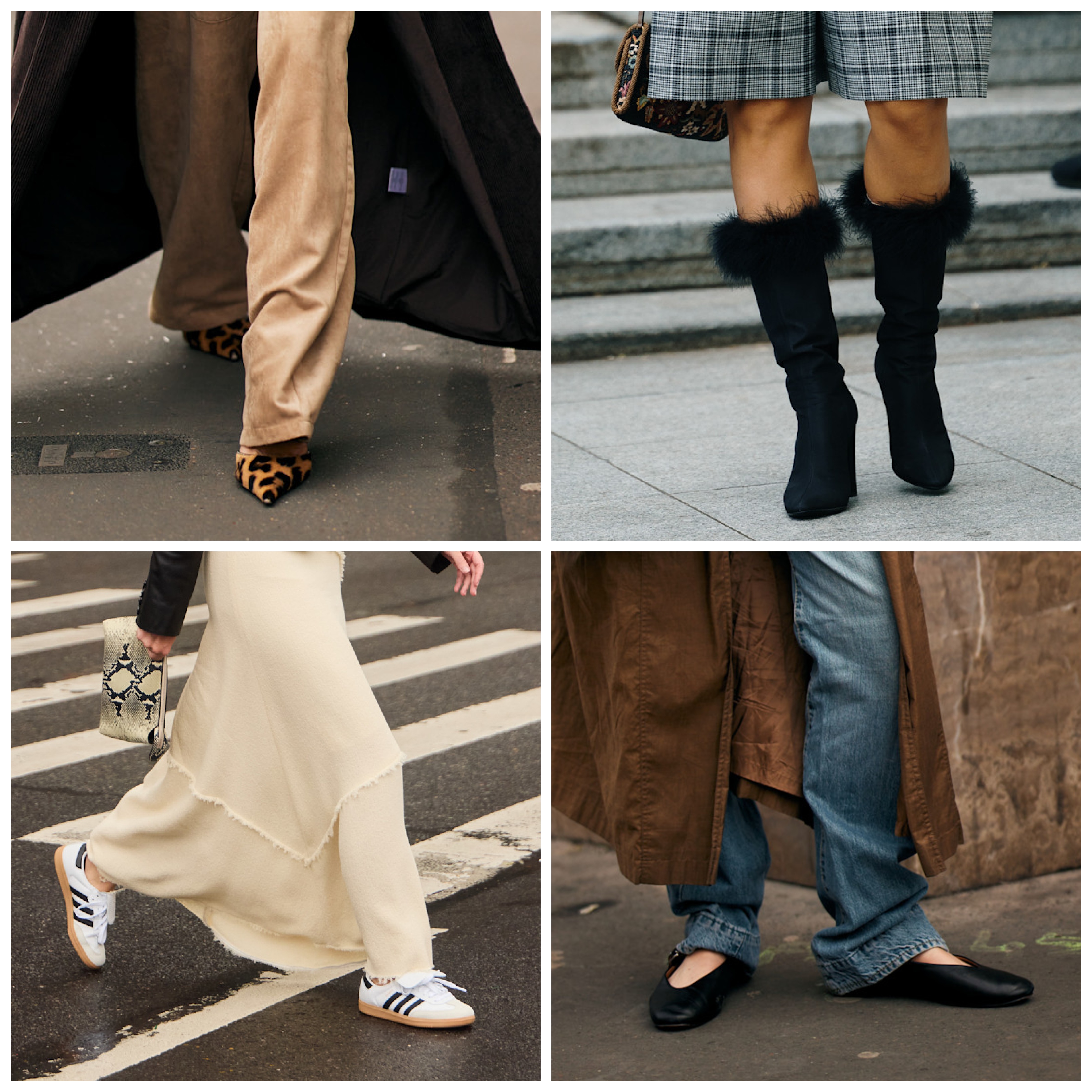 photo collage of fashion week attendees wearing winter shoe trends with white border