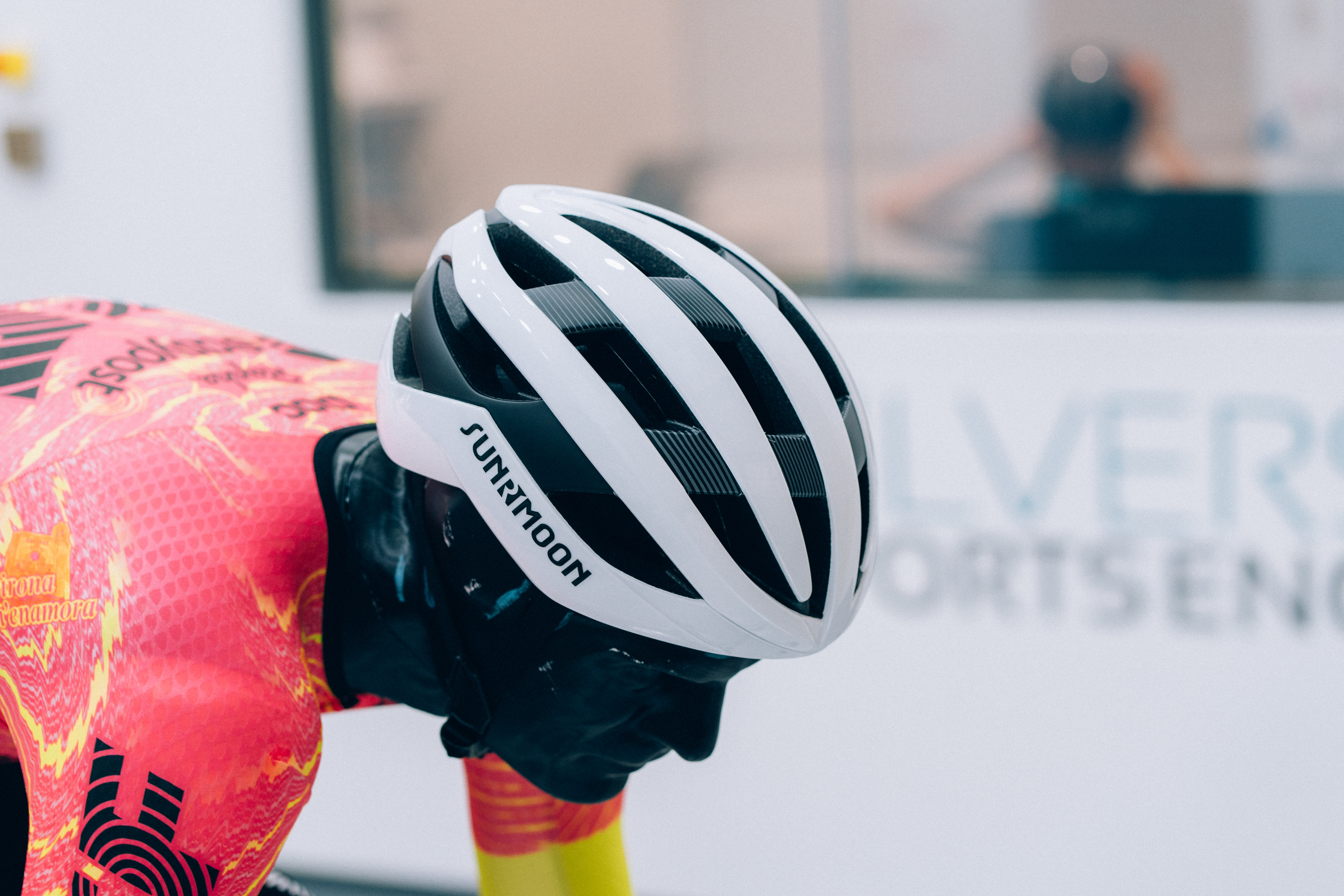 A close up of helmets being tested in the wind tunnel
