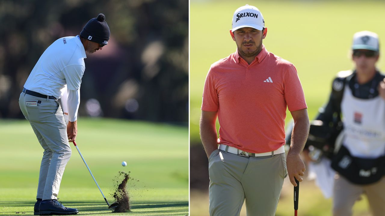 Lanto Griffin strikes an iron shot, Alejandro Tosti walks down the fairway