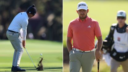 Lanto Griffin strikes an iron shot, Alejandro Tosti walks down the fairway