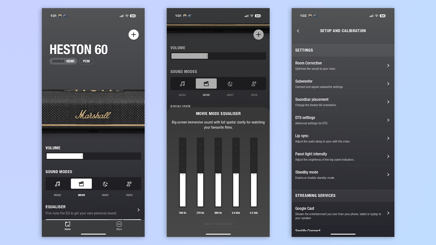 Screenshots of the Marshall app showing customization options for the Marshall Heston 60