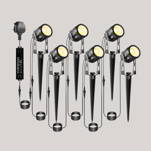 Ecowho Garden Lights Mains Bs Plug Extendable Outdoor Spotlights 21m Led Spike Uplighter Wire Metal Outside Waterproof Lighting Warm White for Path Tree(ground Stake&amp;amp;wall Mounted, Diy to 8 Spots)