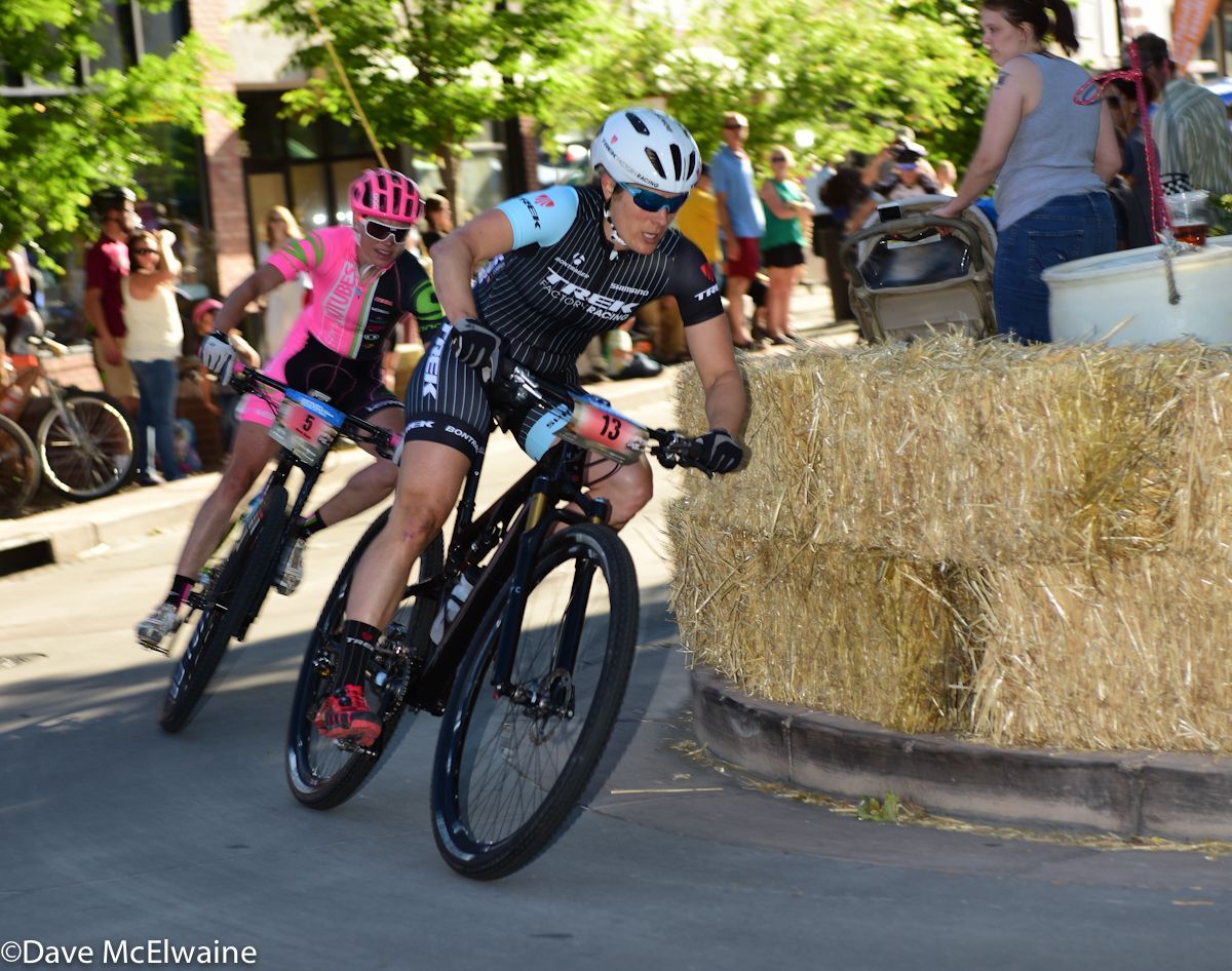 Katie Compton (Trek Factory Team) leading Rose Grant through a turn