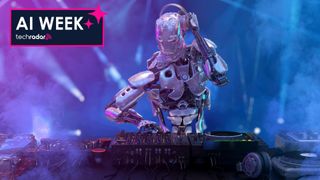 Robot humanoid AI disc jockey at the dj mixer - stock photo