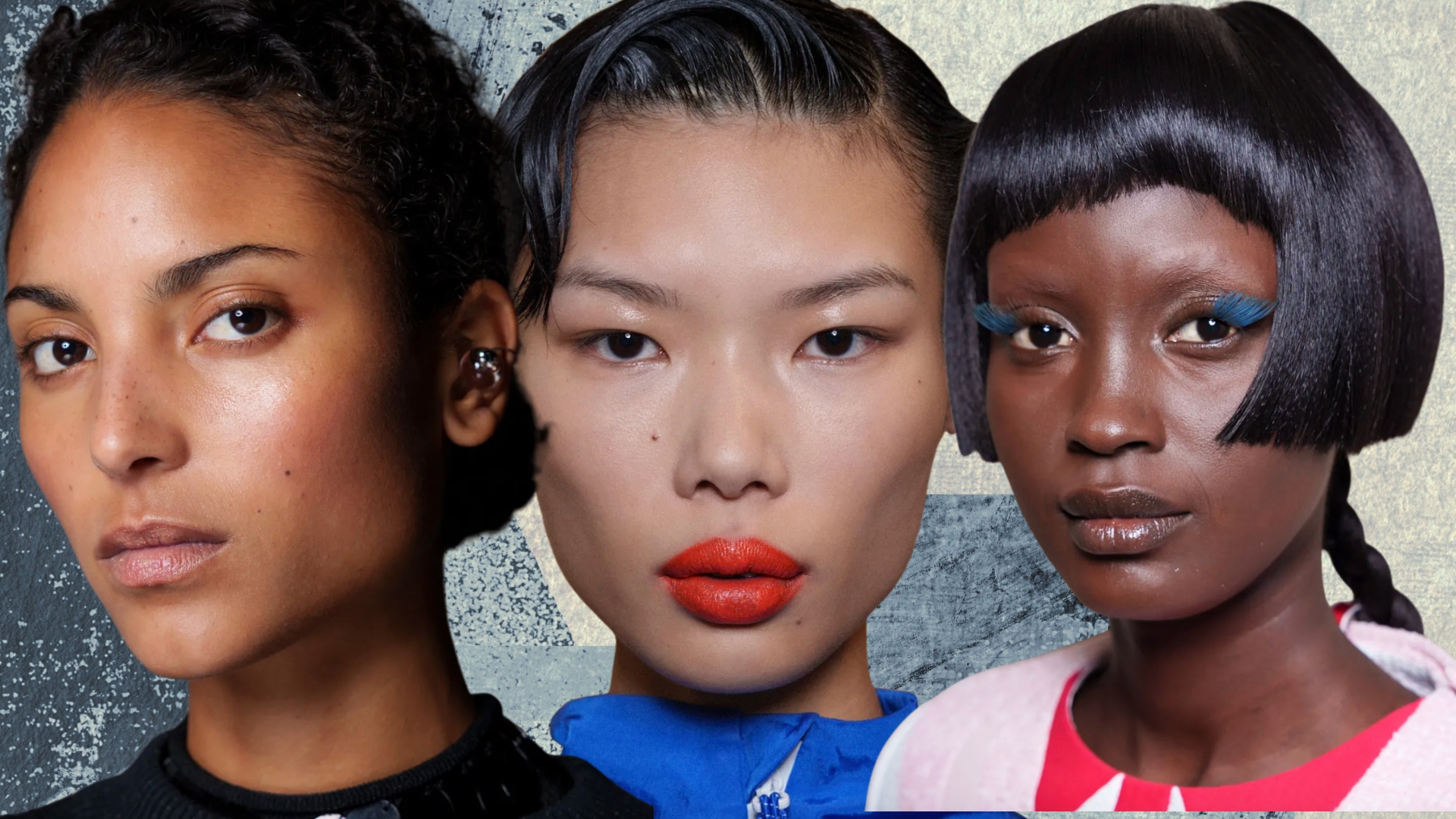collage of three women with bold makeup on a blue paper background