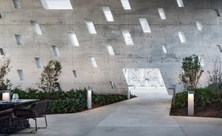 A sitting area with tables, chairs, plant areas and a concrete wall with diagonal wall openings.