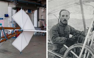 Two photographs, left is a tail of a plane and right is an old portrait of airplane designer